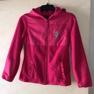 U.S. Polo Assoc. Girl’s Pink Plush Zip Hooded Jacket Pockets Arm Patches M
